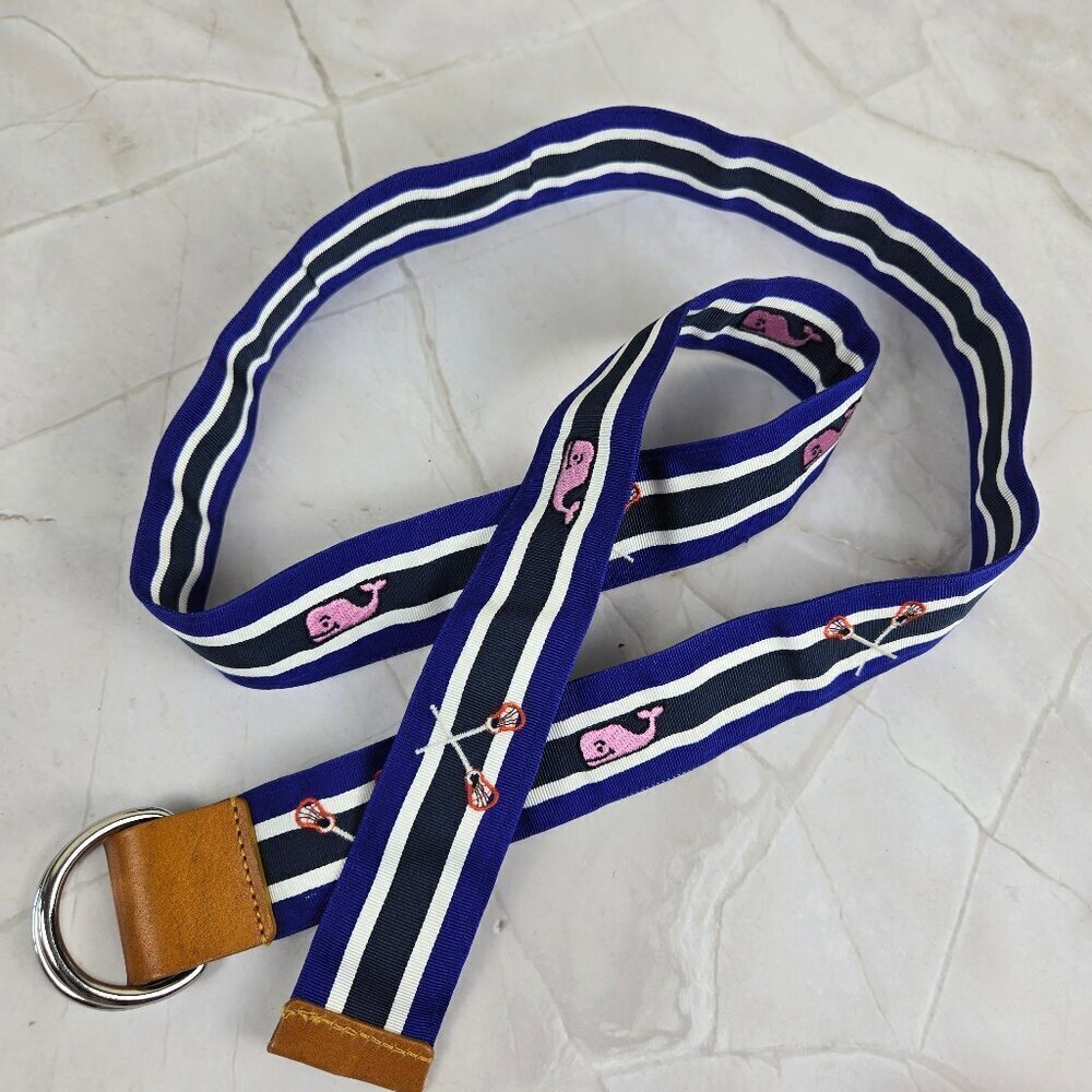 Vineyard Vines Size Large Ribbon Belt Embroidered Whales Lacrosse Sticks D Ring